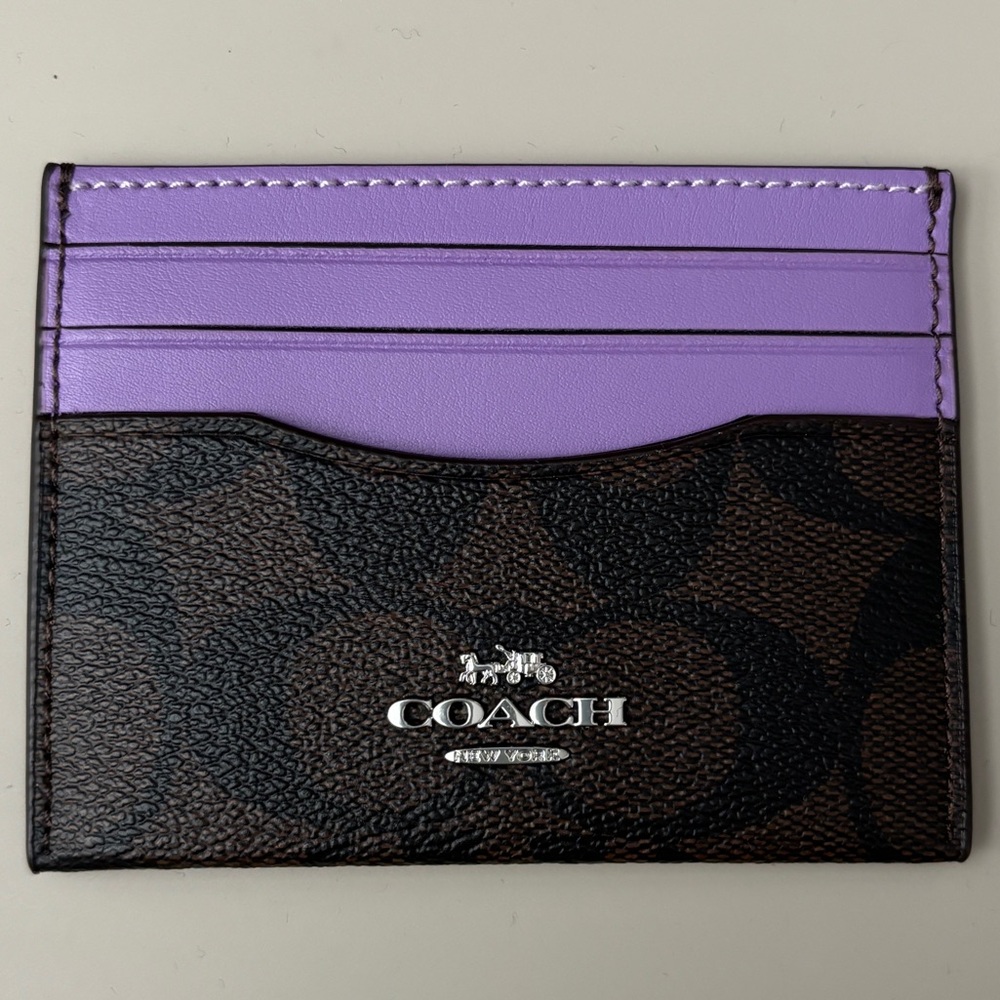 Coach Outlet Slim Id Card Case In Signature Canvas Silver/Brown/Iris